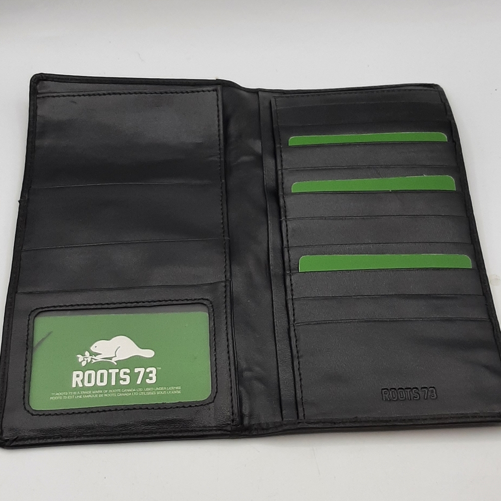 New Roots 73 Long Zipper Black Leather ID Credit Card Holder Wallet Cash Travel